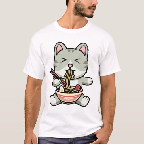 Cute cat eating soba noodles cartoon icon illustra T_Shirt