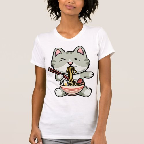 Cute cat eating soba noodles cartoon icon illustra T_Shirt