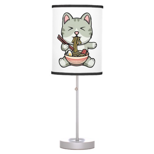 Cute cat eating soba noodles cartoon icon illustra table lamp