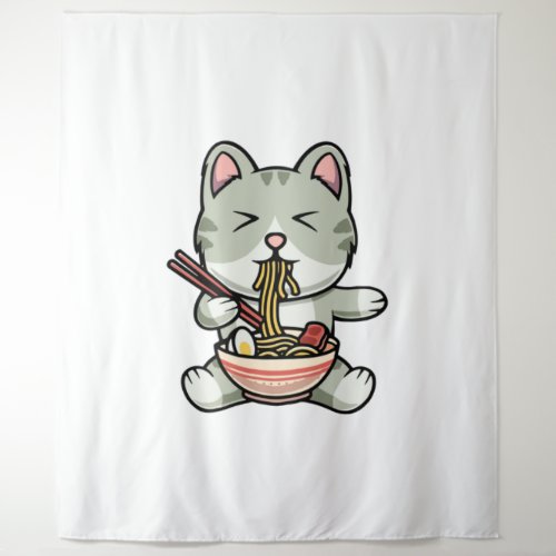Cute cat eating soba noodles cartoon icon illustra tapestry