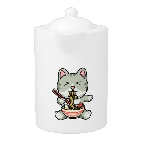 Cute cat eating soba noodles cartoon icon illustra teapot