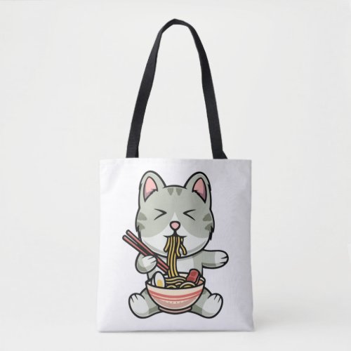 Cute cat eating soba noodles cartoon icon illustra tote bag