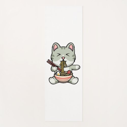 Cute cat eating soba noodles cartoon icon illustra yoga mat