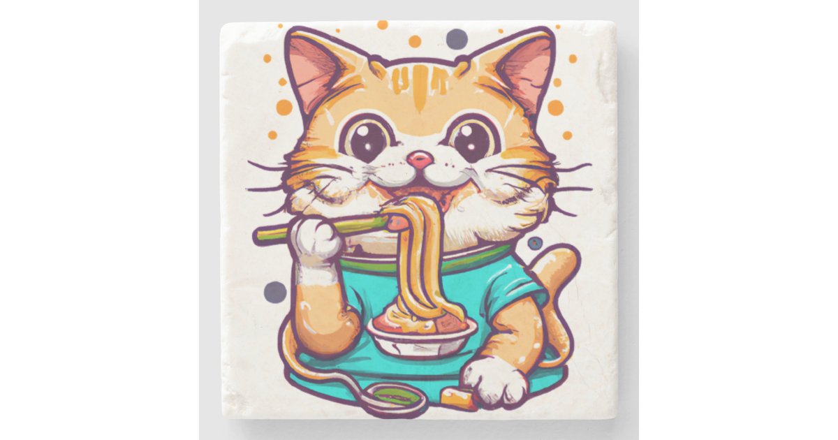 Cute Cat Eating Spaghetti Anime Meme Portrait 2 1 Stone Coaster | Zazzle