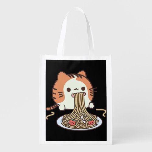 Cute Cat Eating Spaghetti Vincent Van Gogh Style M Grocery Bag