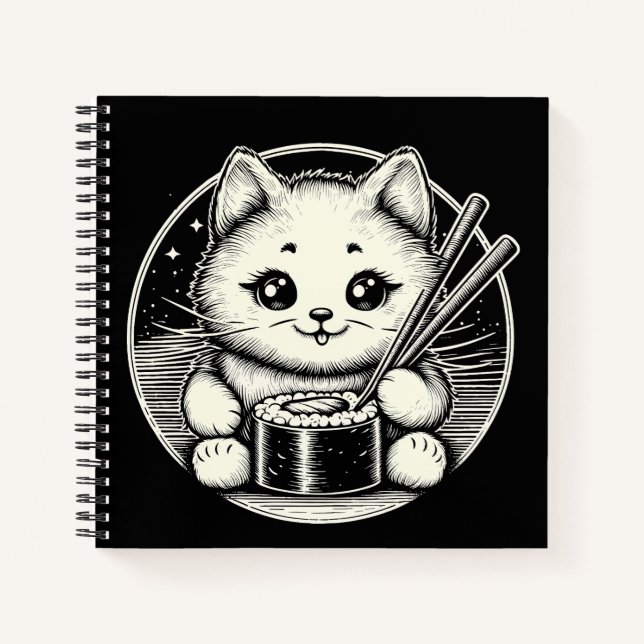 Cute Cat Eating Sushi Japanese Kawaii Notebook (Front)