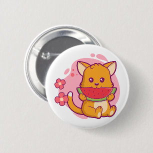 Cute Cat Eating Watermelon Kawaii Button