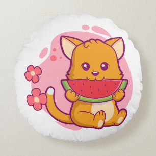 Cute Cat Eating Watermelon   Kawaii Round Pillow