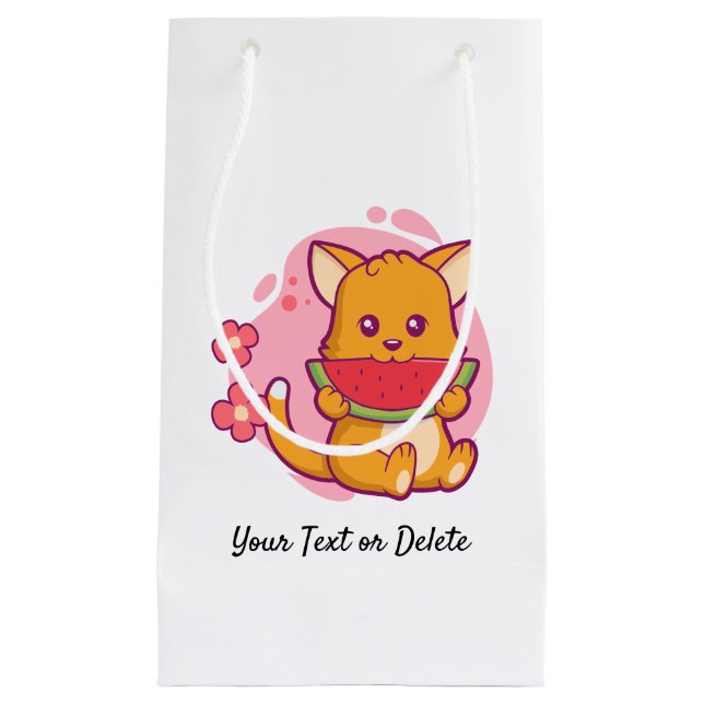 Cute Cat Eating Watermelon | Kawaii Small Gift Bag (Front)