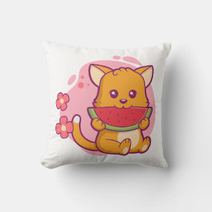 Cute Cat Eating Watermelon Kawaii Throw Pillow