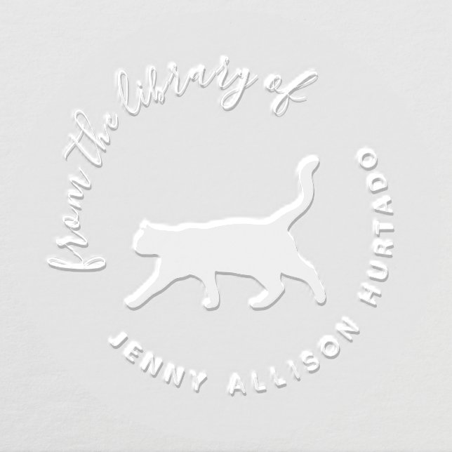 Cute Cat Elegant Script Custom Name Library Book Embosser (Design)