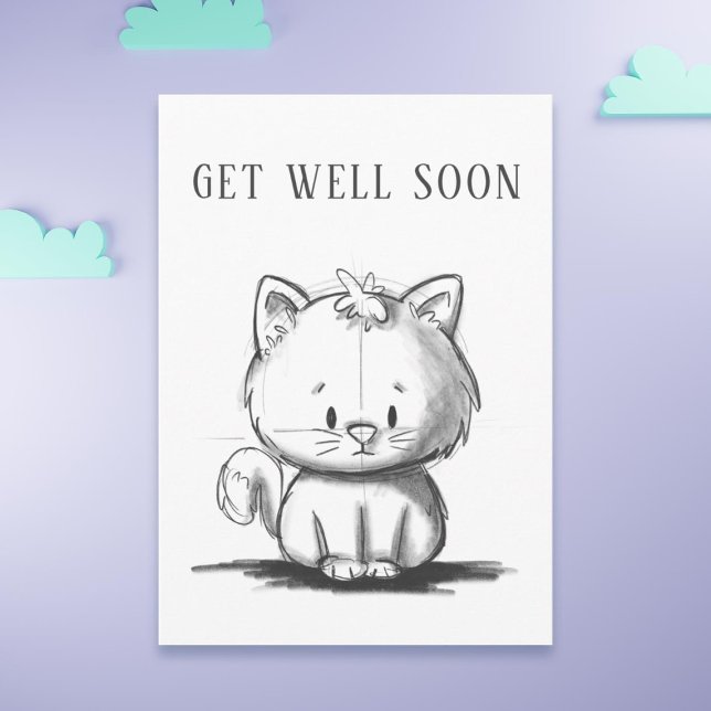 Cute Cat Encouraging Get Well  Card (Adorable get well soon card with a sketch illustration of a cat)