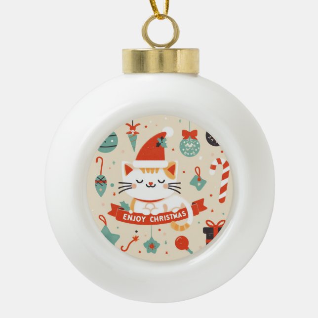 Cute Cat Enjoy Christmas season  Ceramic Ball Christmas Ornament (Front)