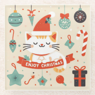 Cute Cat Enjoy Christmas season  Glass Coaster