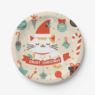 Cute Cat Enjoy Christmas season  Paper Plates
