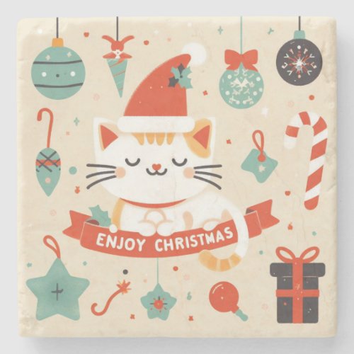 Cute Cat Enjoy Christmas season  Stone Coaster