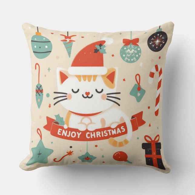 Cute Cat Enjoy Christmas season  Throw Pillow (Front)