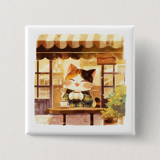 Cute Cat Enjoying Coffee at Cozy Cafe Button