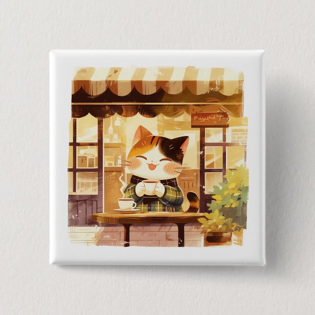 Cute Cat Enjoying Coffee at Cozy Cafe Button (Front)