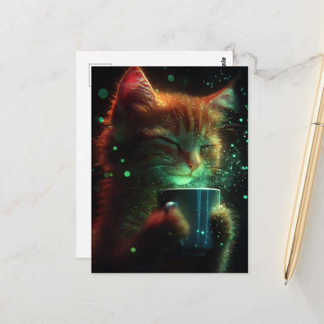 Cute Cat Enjoys Some Coffee Postcard (Front/Back In Situ)