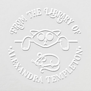 Cute Cat Eying Mouse Round Library Book Name Embosser