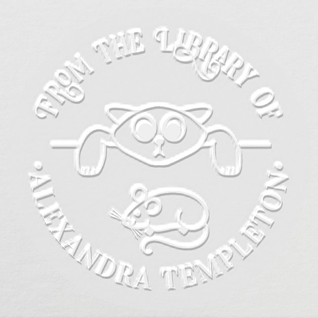 Cute Cat Eying Mouse Round Library Book Name Embosser (Design)