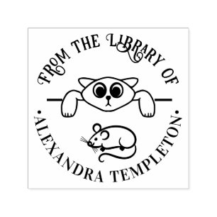 Cute Cat Eying Mouse Round Library Book Name Self-inking Stamp