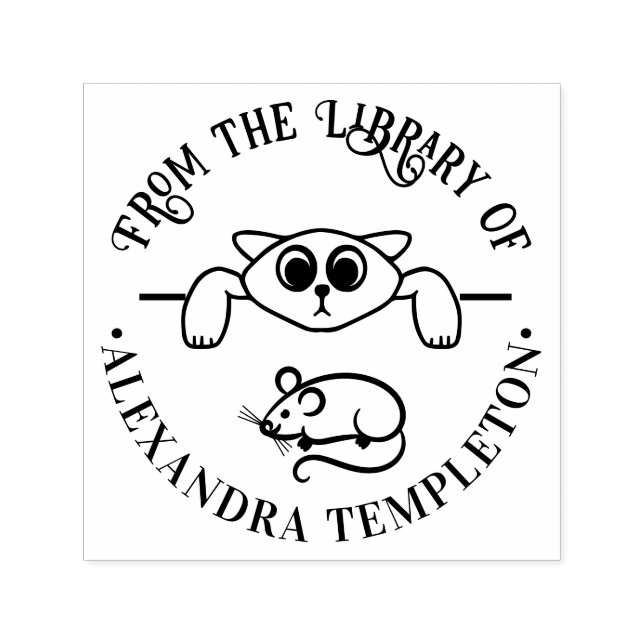 Cute Cat Eying Mouse Round Library Book Name Self-inking Stamp (Design)