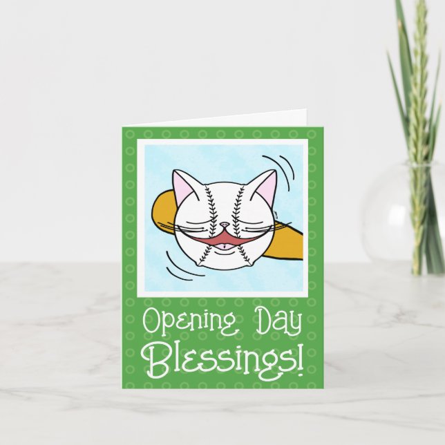 Cute Cat Face Baseball Opening Day Good Luck Card (Front)
