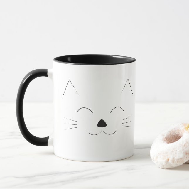 Cute Cat Face - black Mug (With Donut)