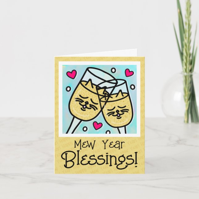 Cute Cat Face Champagne Toast New Years  Holiday Card (Front)