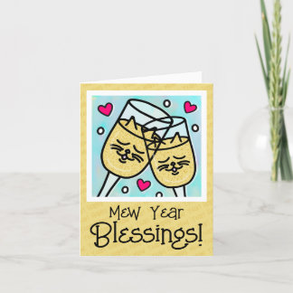 Cute Cat Face Champagne Toast New Years Holiday Card