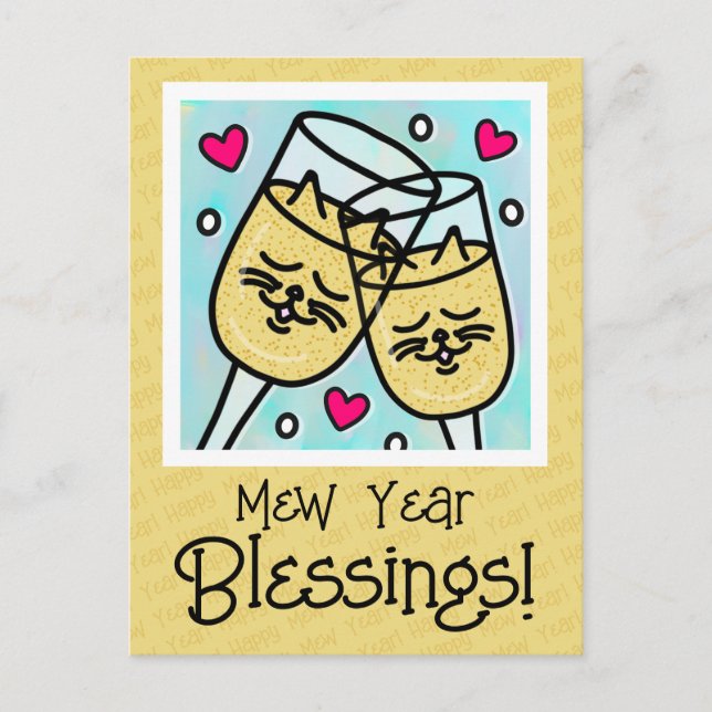 Cute Cat Face Champagne Toast New Years  Holiday Postcard (Front)