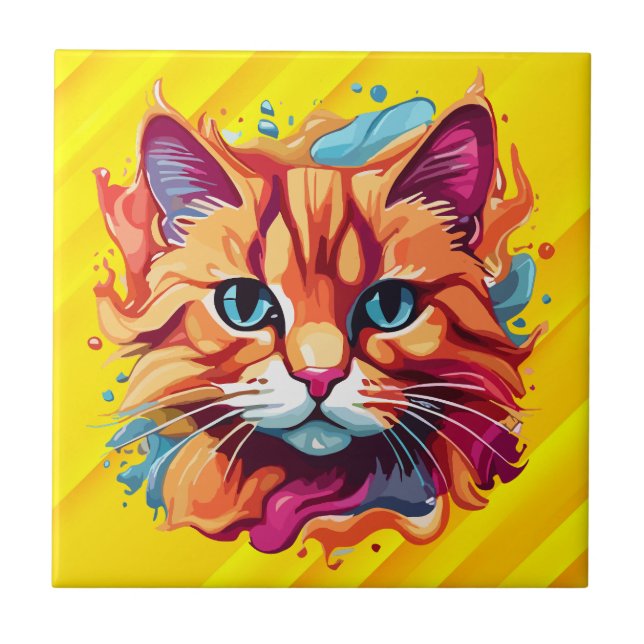 Cute Cat Face Digital Art-87002 Ceramic Tile (Front)