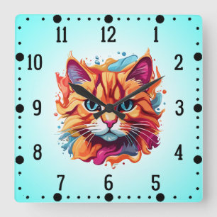 Cute Cat Face Digital Art-87002 Square Wall Clock