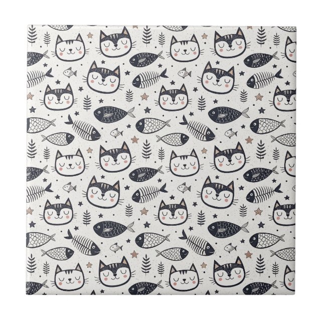 Cute Cat Face & Fish Bones Pattern - Kids Design Ceramic Tile (Front)
