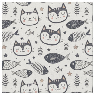 Cute Cat Face & Fish Bones Pattern - Kids Design Fabric