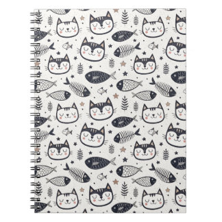 Cute Cat Face & Fish Bones Pattern - Kids Design Notebook