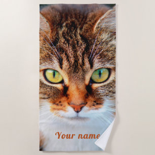 Cute cat face for cat lovers with custom name beach towel
