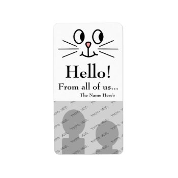 Cute Cat Face. Hello With Custom Photo And Name. Label by Animal_Art_By_Ali at Zazzle