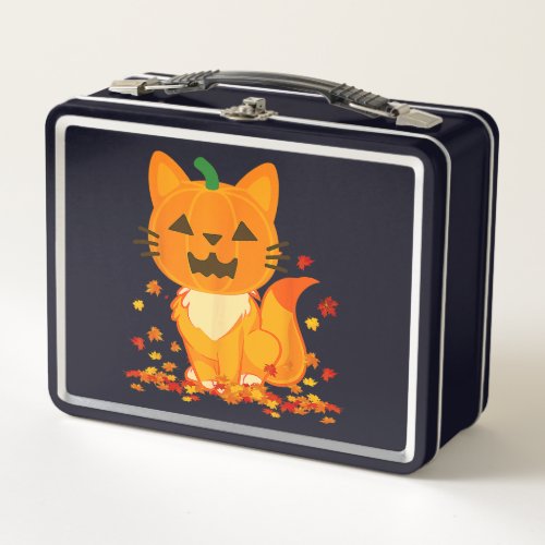 Cute Cat Face Jack O Lantern Pumpkin Halloween Aut Metal Lunch Box