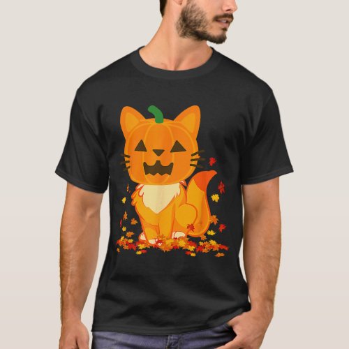 Cute Cat Face Jack O Lantern Pumpkin Halloween Aut T_Shirt