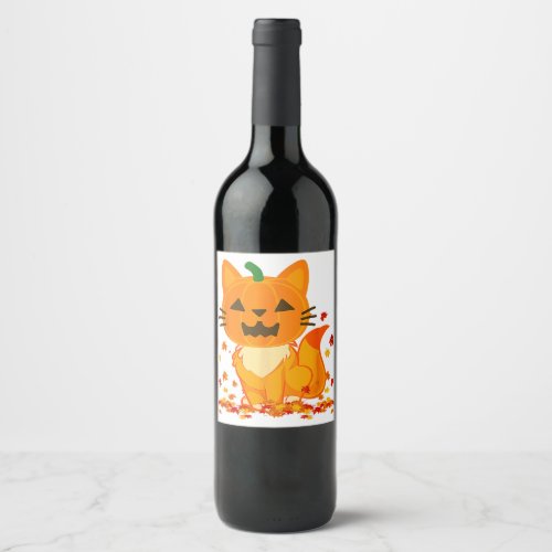 Cute Cat Face Jack O Lantern Pumpkin Halloween Aut Wine Label