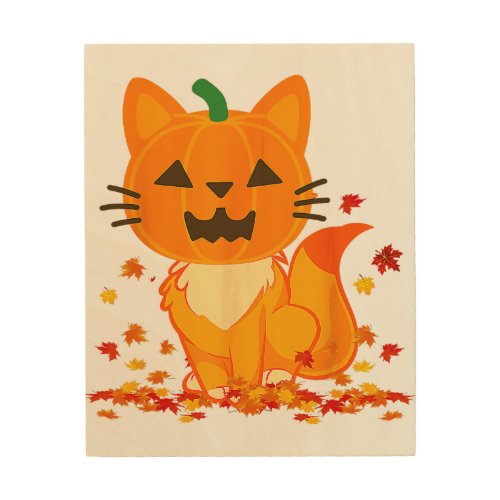 Cute Cat Face Jack O Lantern Pumpkin Halloween Aut Wood Wall Art