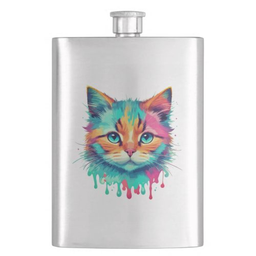 Cute Cat Face Multicolored Design  Flask