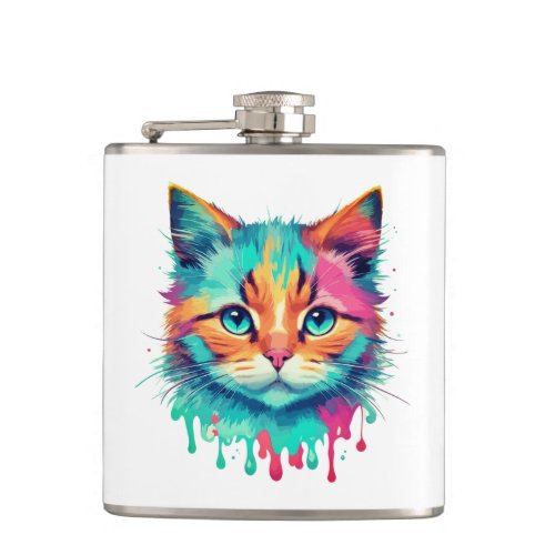 Cute Cat Face Multicolored Design  Flask