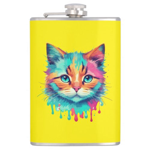 Cute Cat Face Multicolored Design  Flask