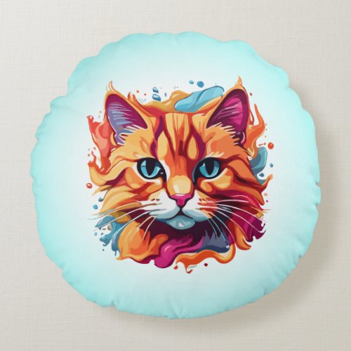 Cute Cat Face Multicolored Design  Round Pillow