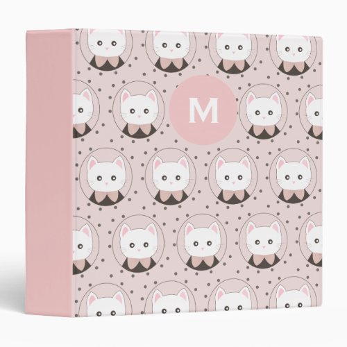 Cute Cat Face Pink Dotty Pattern Monogram 3 Ring Binder