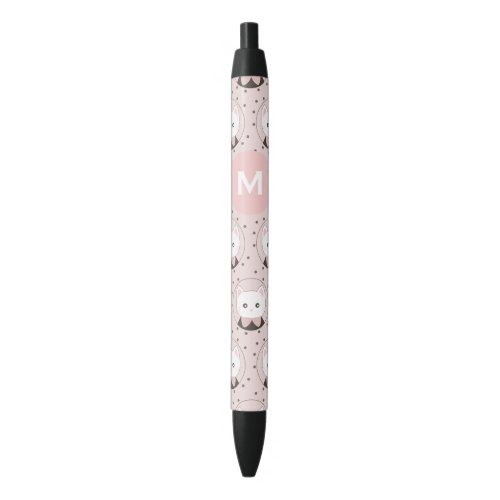 Cute Cat Face Pink Dotty Pattern Monogram Black Ink Pen